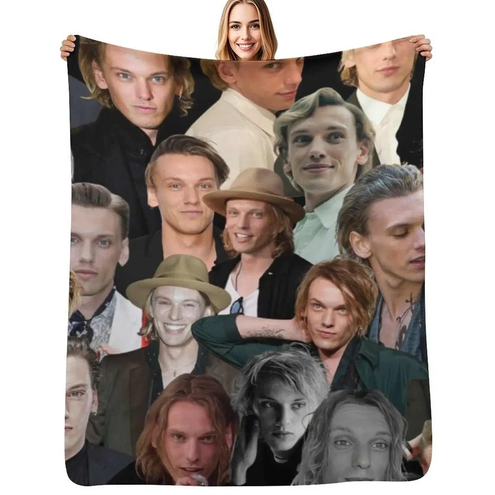 

Jamie Campbell Bower photo collage Throw Blanket heavy to sleep Soft Plaid Personalized Gift Picnic Blanket