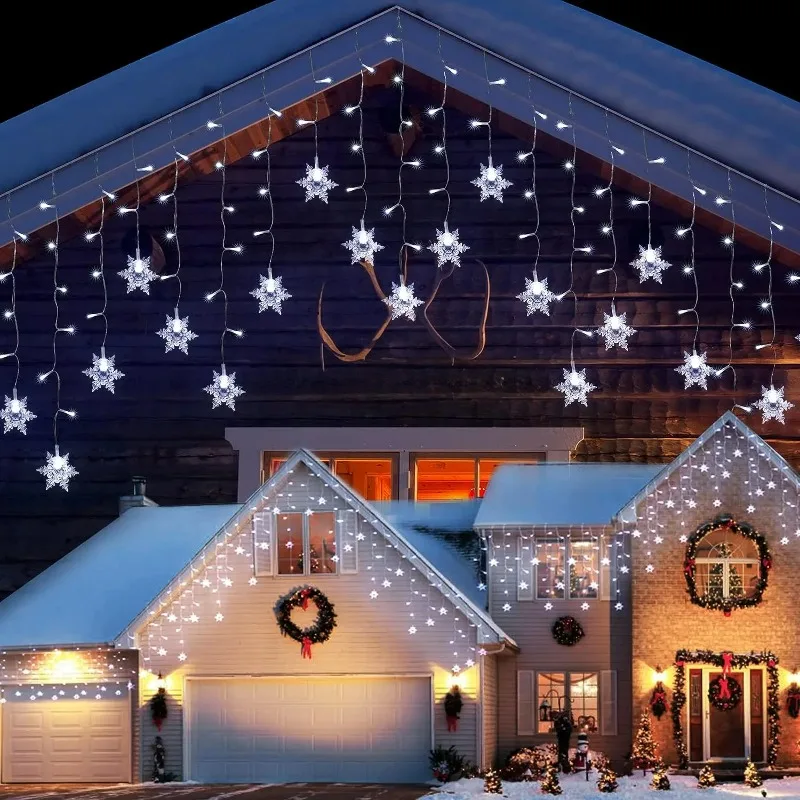 Snowflake Christmas Decoration 2025 Street Garlands on The House LED Icicle Lights Outdoor Waterproof Curtain Fairy String Light