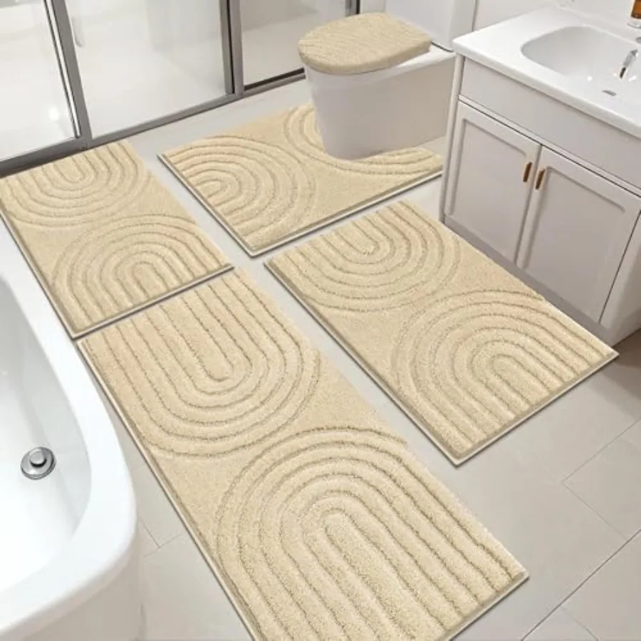 

HEBE Bathroom Rugs Set 5 Pcs Plush Absorbent Bath Mats for Bathroom Non Slip Machine Washable Bath Mat Set with Toilet Cover Ba