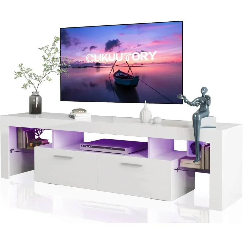 Modern LED Long TV Stand with Large Storage Drawer，Wood TV Console with High Glossy Entertainment Center