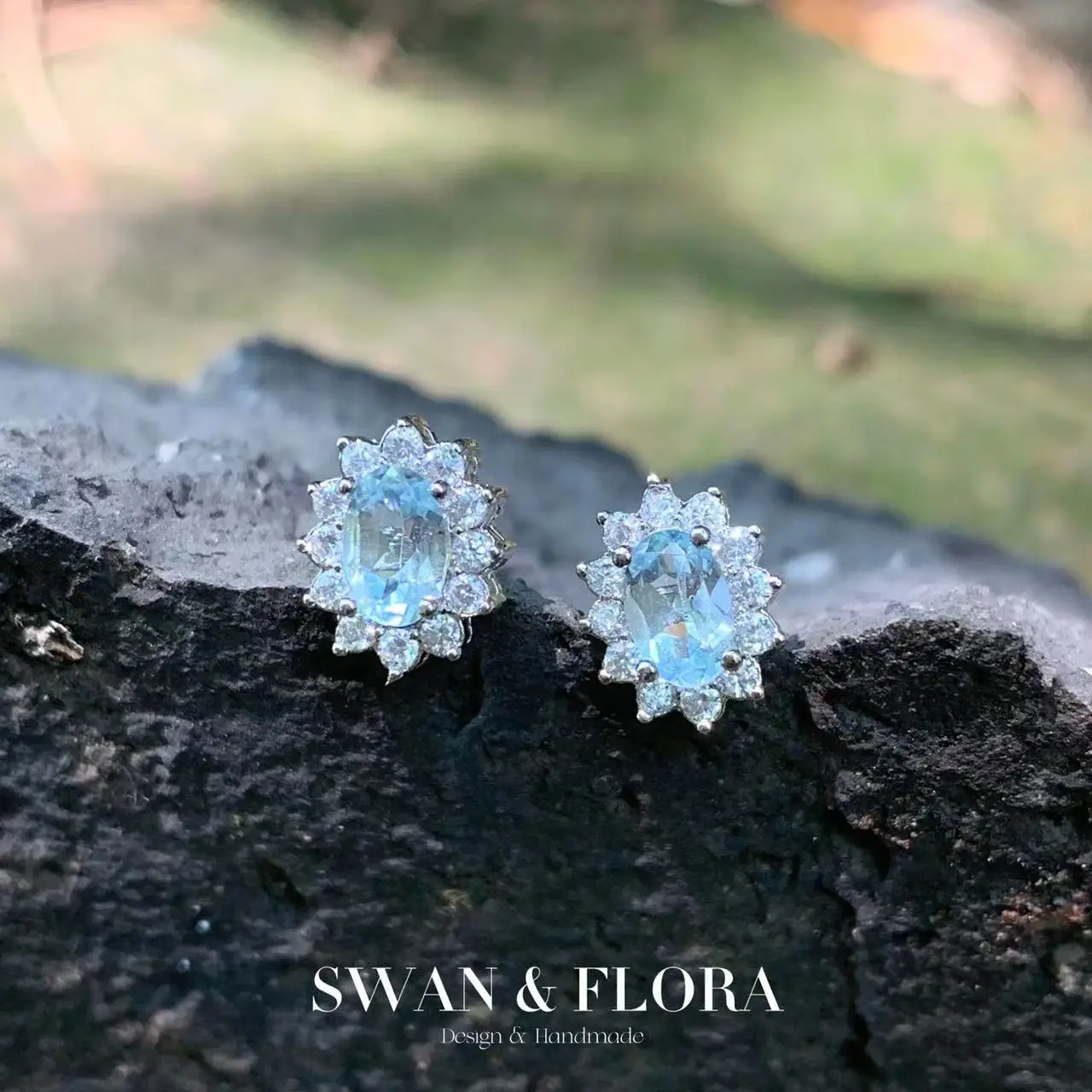 Genuine Natural Blue Topaz 925 Sterling Silver Stud Earrings for women Jewelry Gift 1.4ct Ocean Blue Topaz Oval Pave CZ