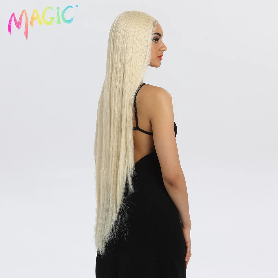 Wig renda sintetis ajaib 38 "bagian renda Wig panjang lurus Ombre pirang 613 Wig Cosplay renda sintetis Wig depan untuk WANITA HITAM