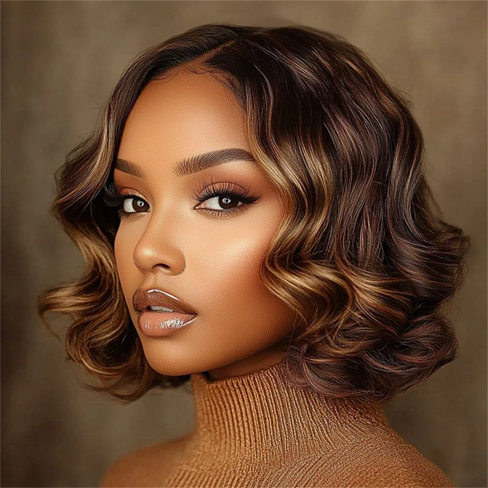 Ombre Highlight Body Wave Bob Wig 100% Human Hair 12 Inch Short Bob Wig Loose Wave 13x4 4/27 Color Lace Frontal Bob Wig Human Hair 210% Density Pre Plucked Ombre Blonde Colored Short Wigs For Women