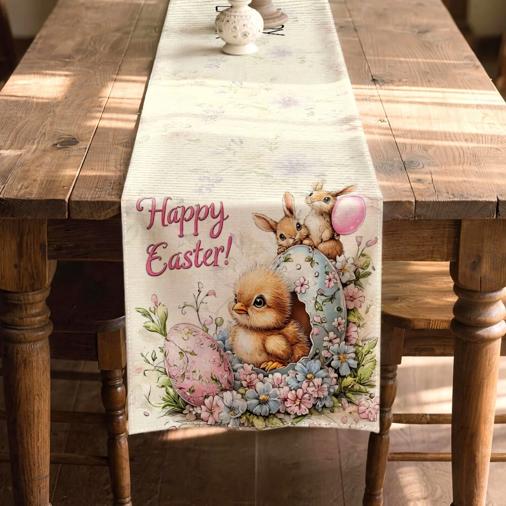 

Скатерть-дорожка Vespri Pink White для пасхального стола, с милым узором в виде кроликов, цыплят и яиц, идеальный декор для прямоугольного стола для домашних вечеринок и использования на открытом воздухе