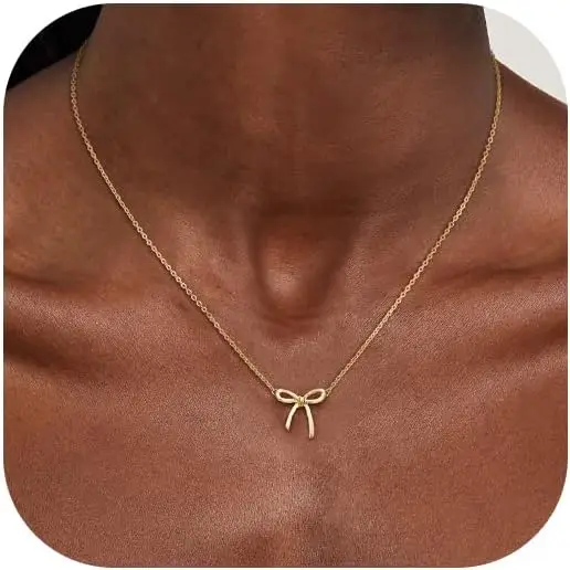 

Women's Gold Necklace - Bow Necklace 14K Delicate Gold Necklace Cute Little Bow Pendant Choker Fashion Necklace Women's Gold Jew