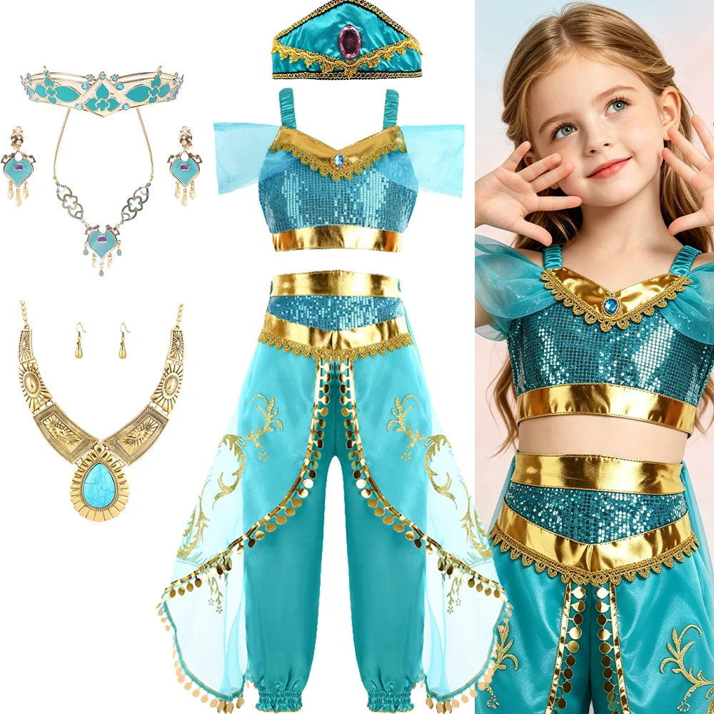 Blue Arabian Princess Dance Costume Girls Top Pants Clothes Set 3 4 5 6 7 8 Years
