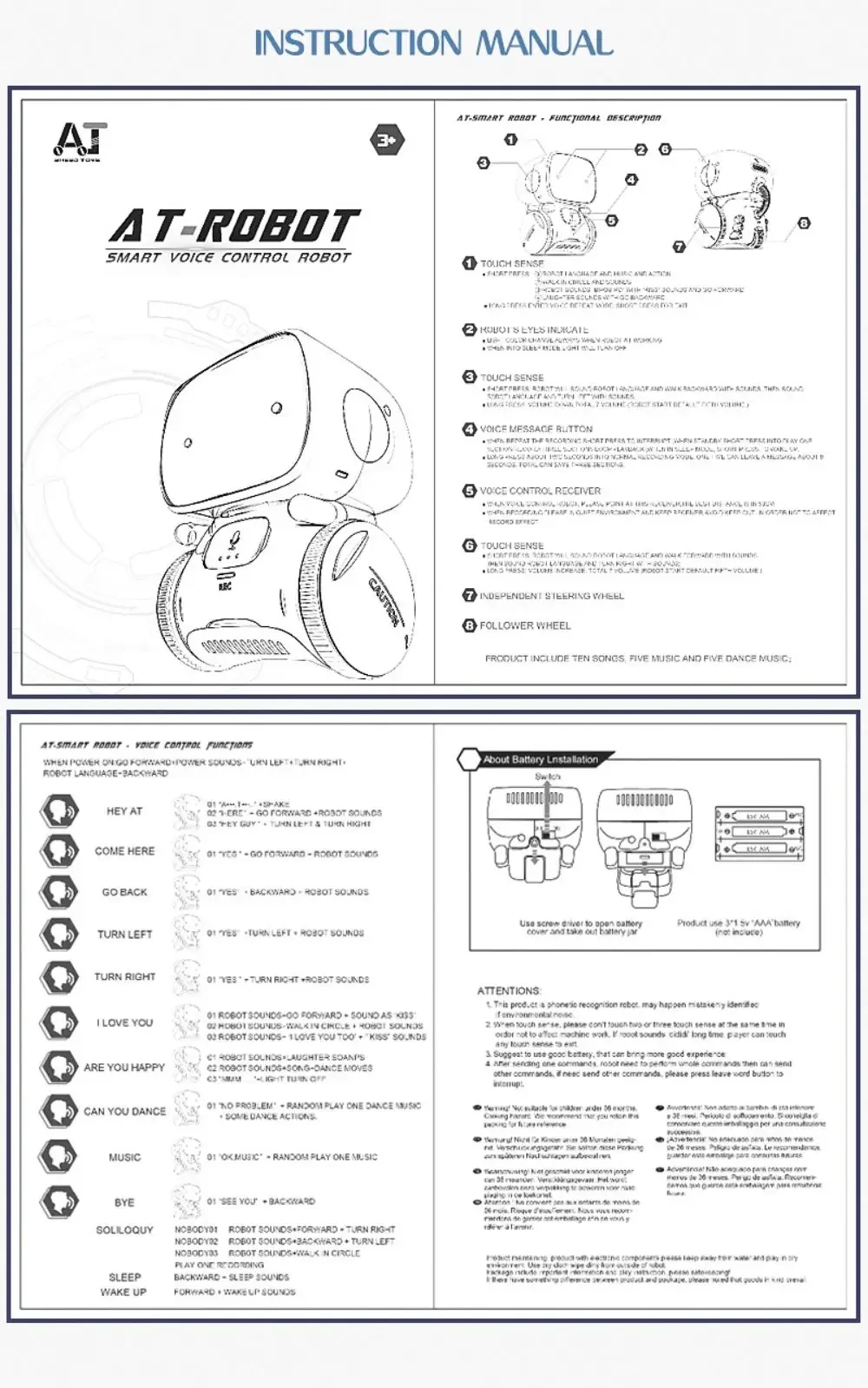 Jouet robot intelligent AT : 5 couleurs, commande vocale, danse interactive avec capteur tactile pour enfants
