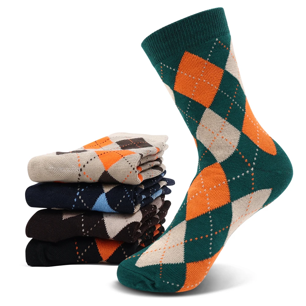 Ins diamond Cotton Socks Women Men Winter Tartan mid-calf Warm Sock Streetwear Plaid Striped Funny Preppy Argyle Geometric Socks