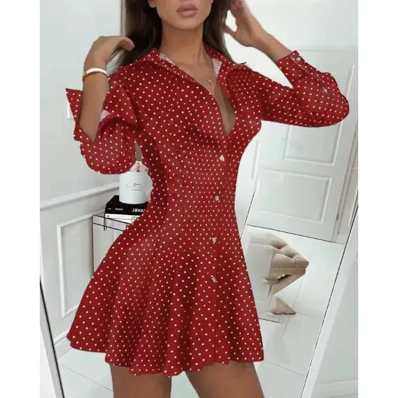 Vintage Dot Print Plissee Kleid Frauen Langarm Drehen Unten Kragen Elegante Mini Kleid Damen Casual Büro Kurzes Kleid