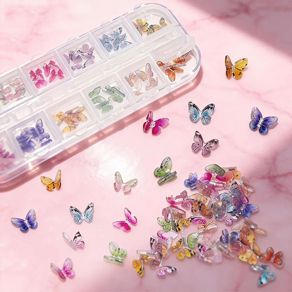 48Pcs Colorful 3D Butterfly Acrylic Nail Charms Glitter Clear White Blue Butterfly Nail Art Decoration DIY Craft Nail Supplies