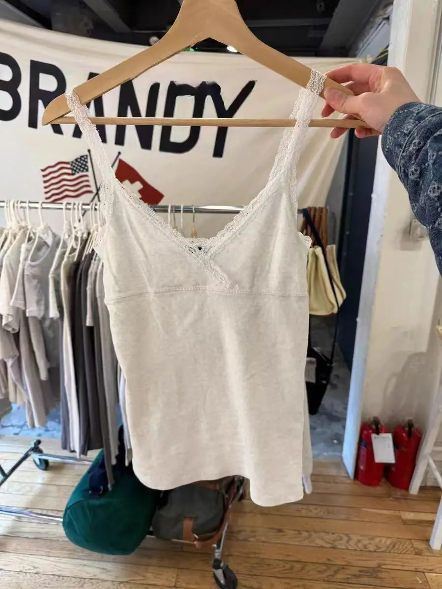 Lace V-neck Chic Suspender Tank For Women 2024 New Solid Color Casual Summer Vest Cotton Sleeveless Gray Bottom Y2K Harajuku Top