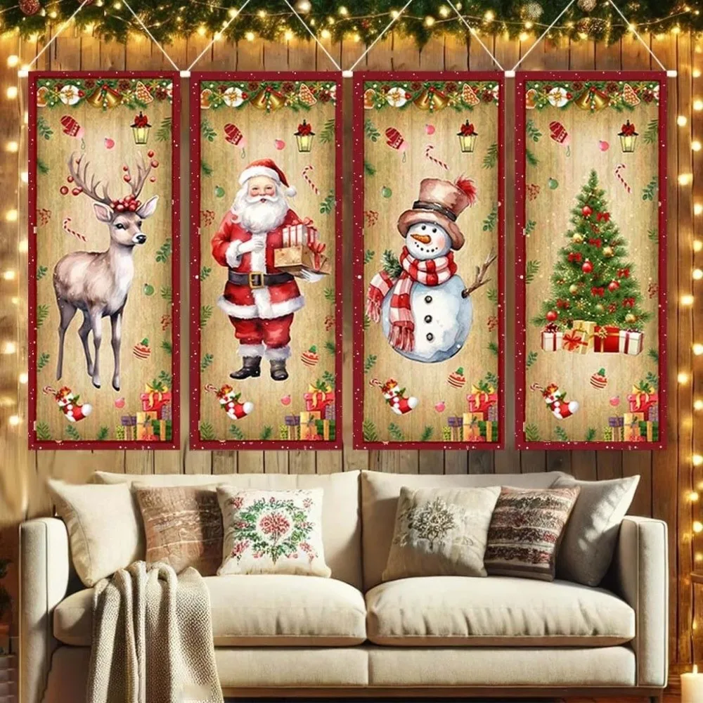 

4pcs Large Size Christmas Hanging Flag Rectangular Elk Merry Christmas Banner Colorful Printed Xmas Cloth Wall Couplet