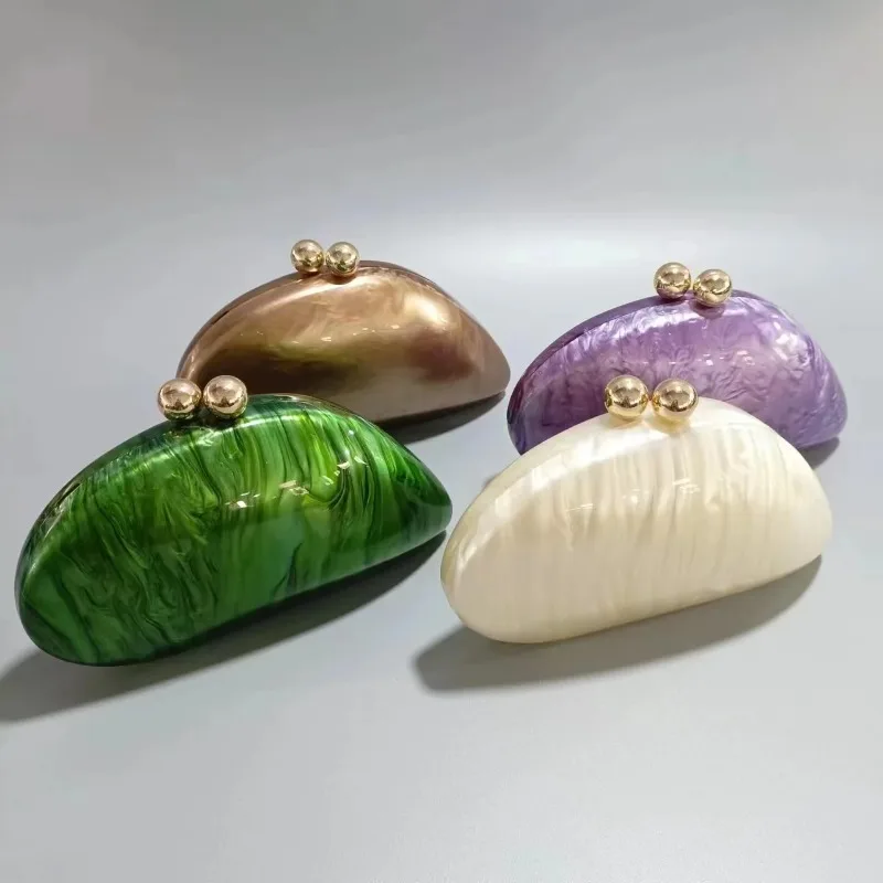 Acrylic shell shape clutch bag women designer evening party cute purse new green gold purple ivory handbag High Quality