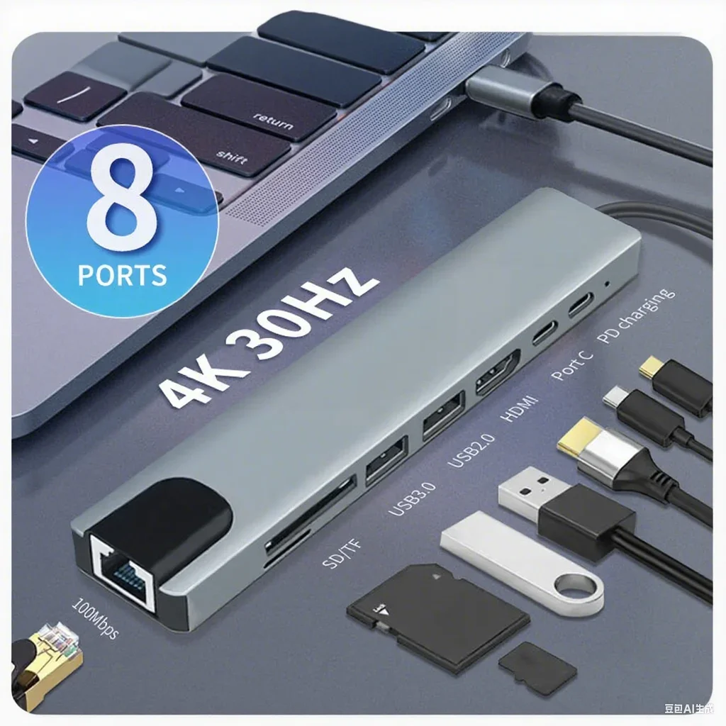 

USB C HUB 8 in 1 Type C Adapter with 4K 30Hz HDMI 87W PD USB Docking Station Laptop Adapter RJ45 For MacBook Pro Air Laptop Pad