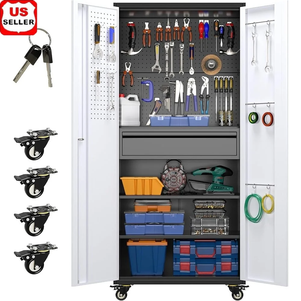 

Metal Garage Storage Cabinet with Wheels Tool Organizer 1 Drawer Adjustable Shelves Lockable Rolling Utility Cabinet Home Use