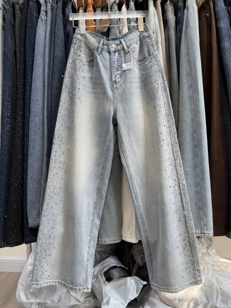 

Faionable Straight Leg Diamond-Encrusted Denim Pants High Waist Wide Leg Casual Spring Season Women's High-End Street Sle