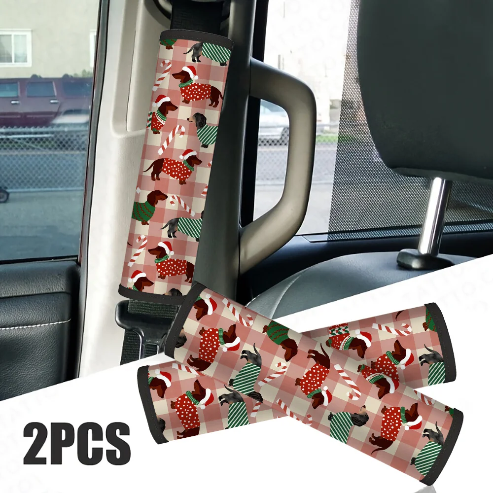 2pcs Dachshunds In Christmas Sweaters And Candy Canes Car Seat Belt Cover - Car Interior Accessory, Soft Fashion Seat Belt Shoul