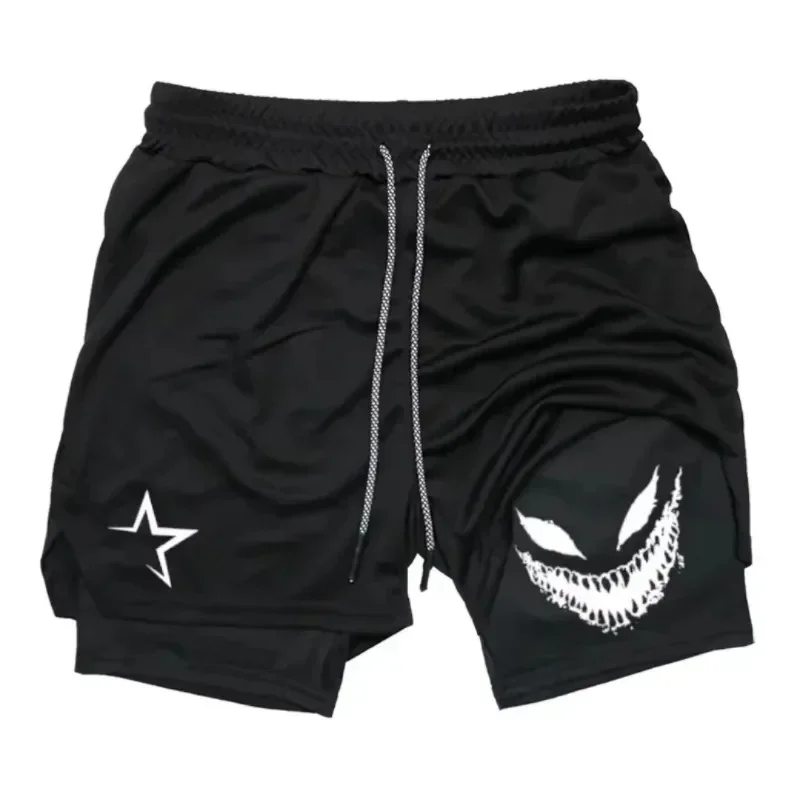 

Men's athletic breathable quick-dry training shorts with devil smile print, 2-in-1 performance shorts ZY0001