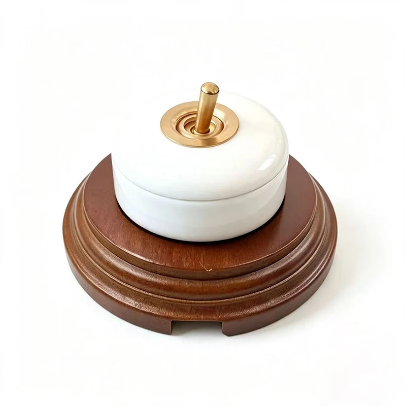 Vintage Retro Porcelain Ceramic Toggle Switch Brass Lever Round Wooden Base Frame Surface Mounted Wall Light Switches 10A