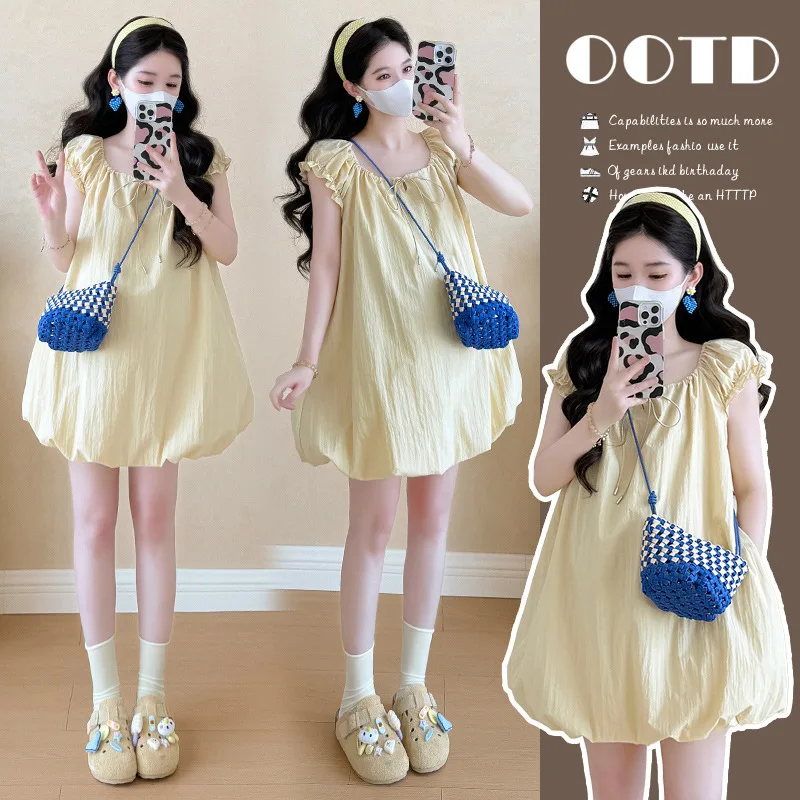 

French Style Maternity Dress Summer Sweet Square Neck Bouffant A-Line Short Dress Plus Size Trendy Outfit for Pregnant Women