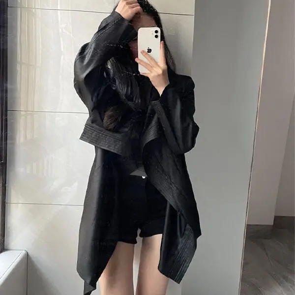 Fashionable Temperament Lapel 2025 Trench Coat Solid Color Medium Long Waist Jacket Autumn New Item Slimming Top