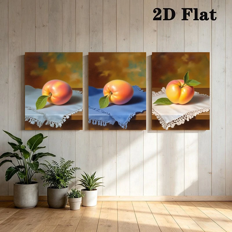 2D Flat, 3pcs Modern Minimalist Peach Still Life Wall Art Prints - Frameless Suitable for Living Room,, Colored Fabric with P