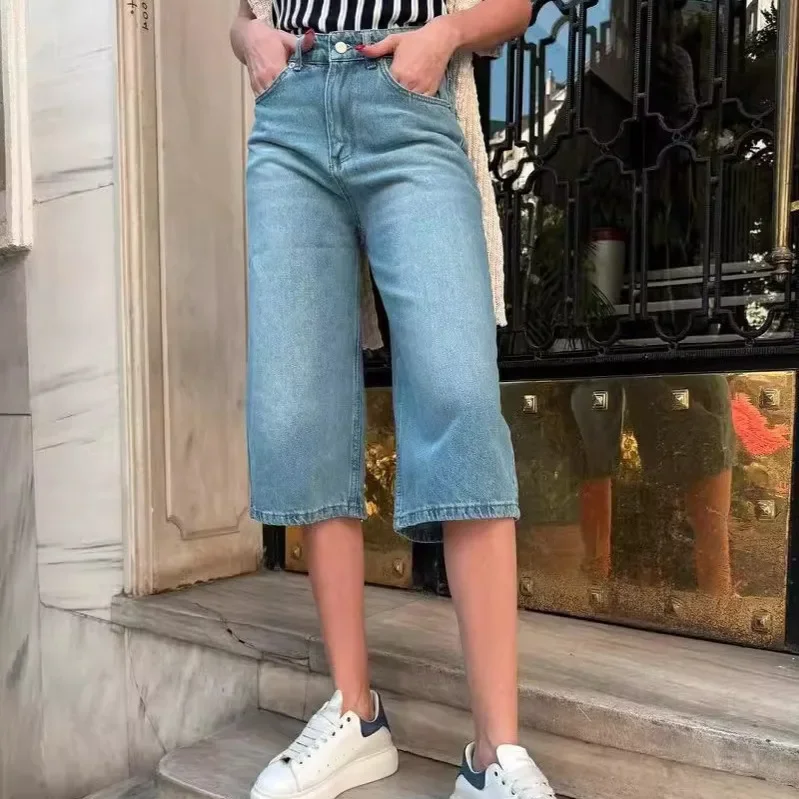 

Jeans Women Denim Shorts Vintage Straight Pants Washed Distressed Mid Waist Pockets Basics Calf Length Trousers 2025 Denims