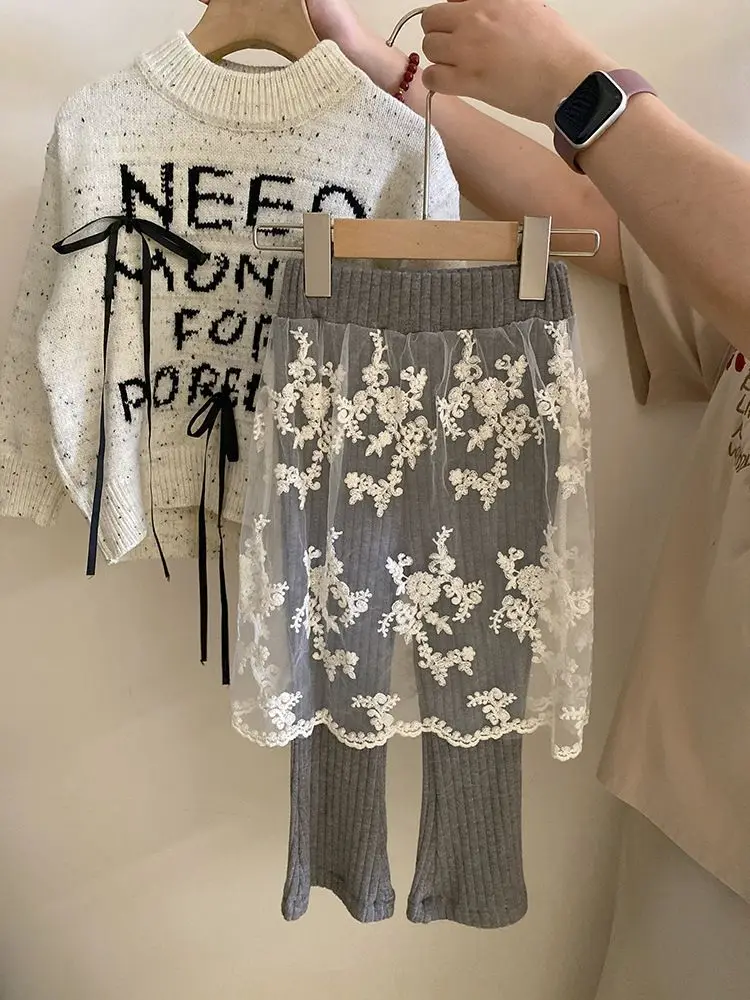 Korean Girls Knitted Sweater with Letter Bow Design Autumn 2025 New Children's Clothing Lace Stitching Skirt Included