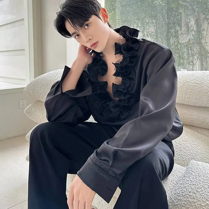 Niche New Design Long Sleeve Men's Shirt With ThreeDimensional Lace Casual Pullover Top Trendy Black White Blouse 9XKAR8