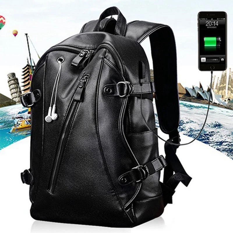 Men Backpack External Usb Charge Waterproof Backpack Fashion Pu Leather Travel Bag Casual School Bag Leather Bookbag