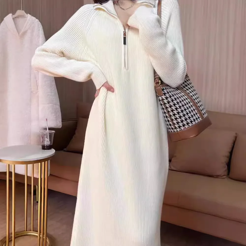 High Collar Knitted Dress Autumn Winter Long Sweater Dress Knee High Inner Wear Plus Size Women's Clothing Knitwear Dress 2025