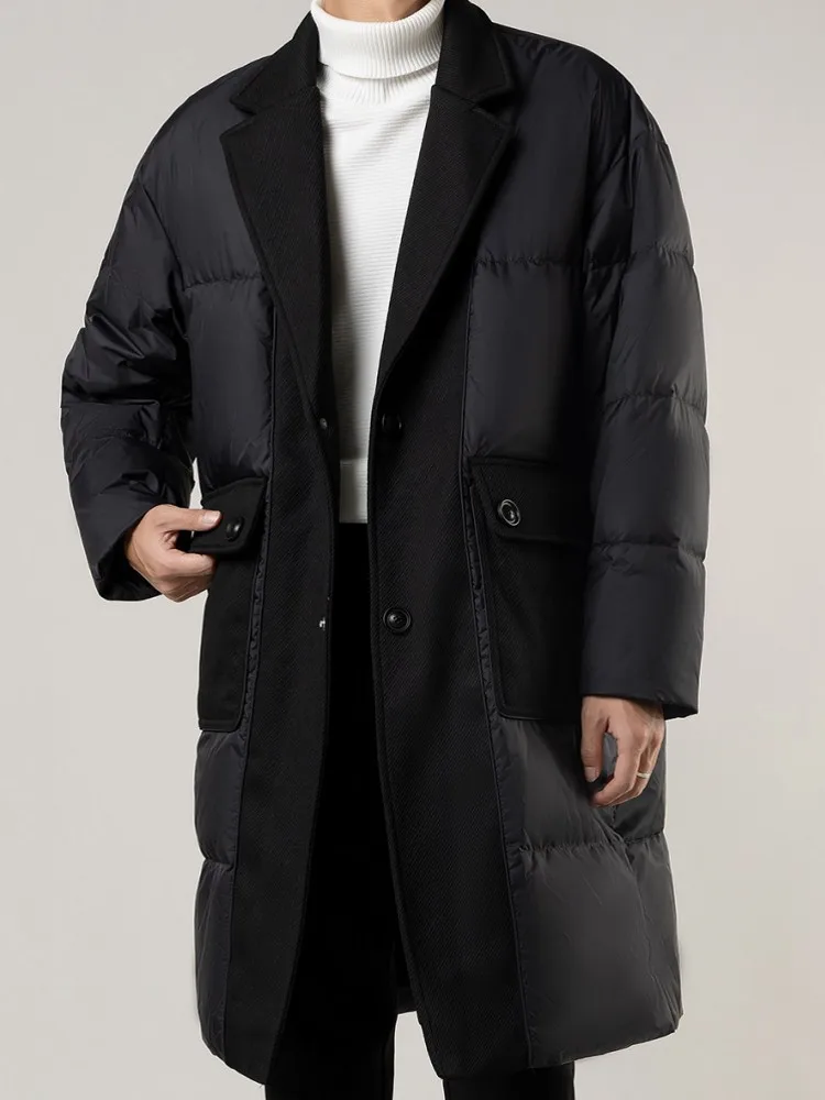 Winter New Men Spliced Designer Mid Long White Duck Down Jacket Loose Fit Single Breasted Thick Warm Overcoat Business Work Coat