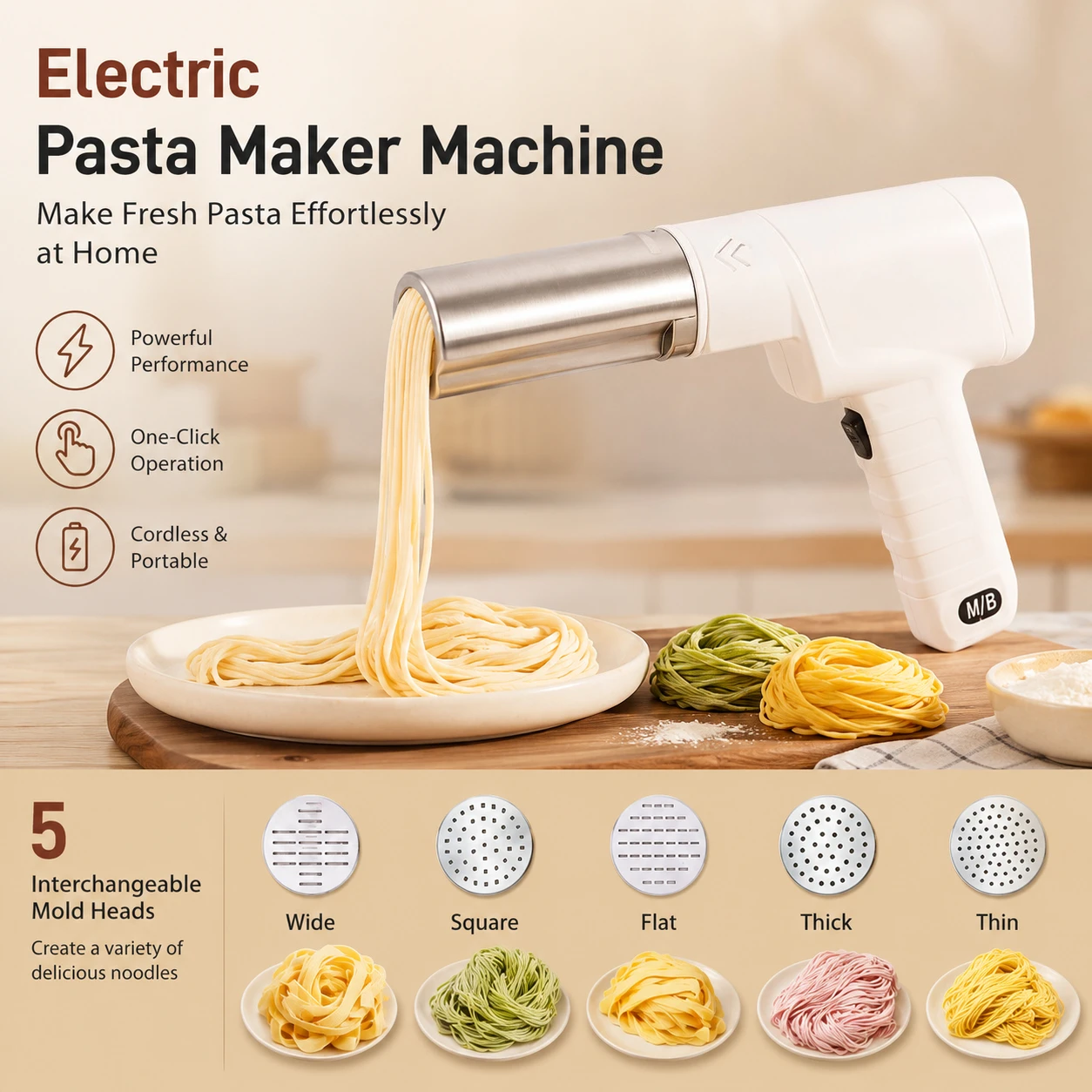 Homemade Pasta Maker Machine, 5-in-1 Noodle Maker with Interchangeable Molds, Fresh Spaghetti Pasta Press Kitchen Tool
