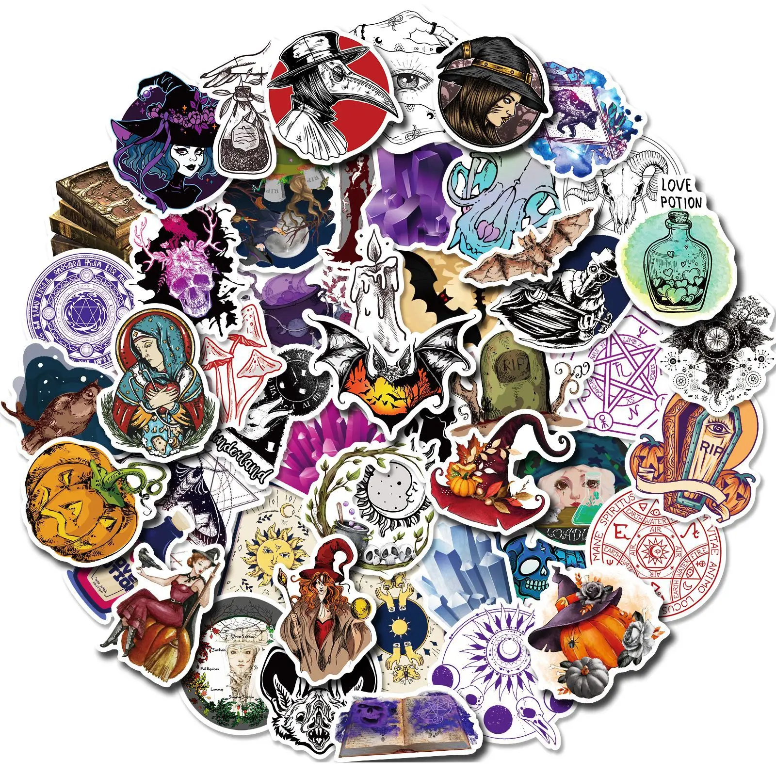 10/30/50PCS Retro Magic Witch Totem Halloween Stickers Graffiti Decals DIY Laptop Phone Notebook Fridge Cartoon Kids Sticker Toy