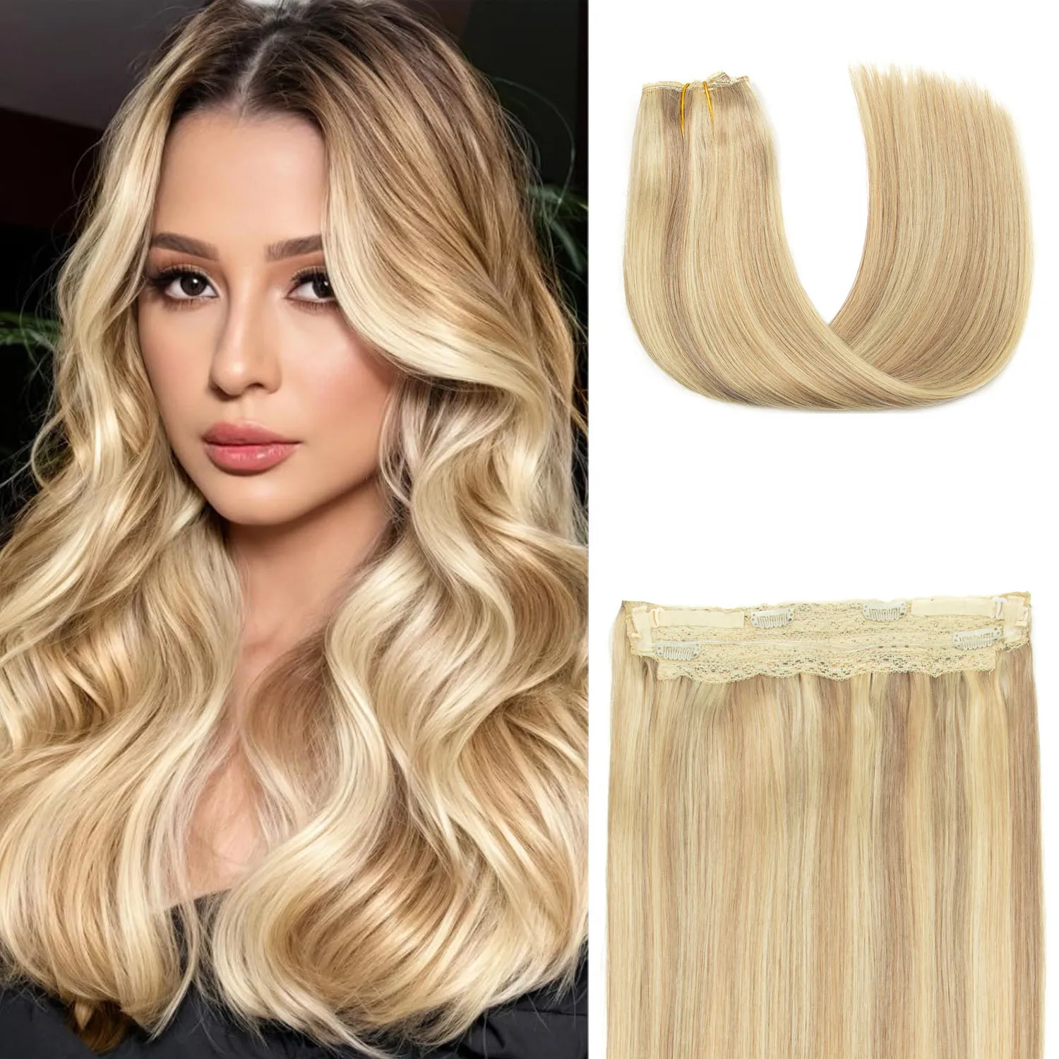 Clipe de uma peça em extensões de cabelo humano fio invisível linha clipe ins em linha reta loira extensão de cabelo natural 12 "-24" 4 clipes