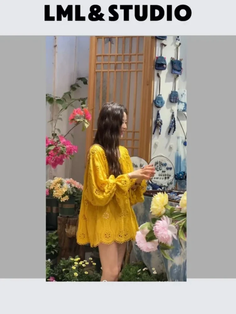 

Retro Sle Long Sve irt And ort Pants Set Women's Faion Spring Outfit Hollow out Design Ele And Gentle Ootd
