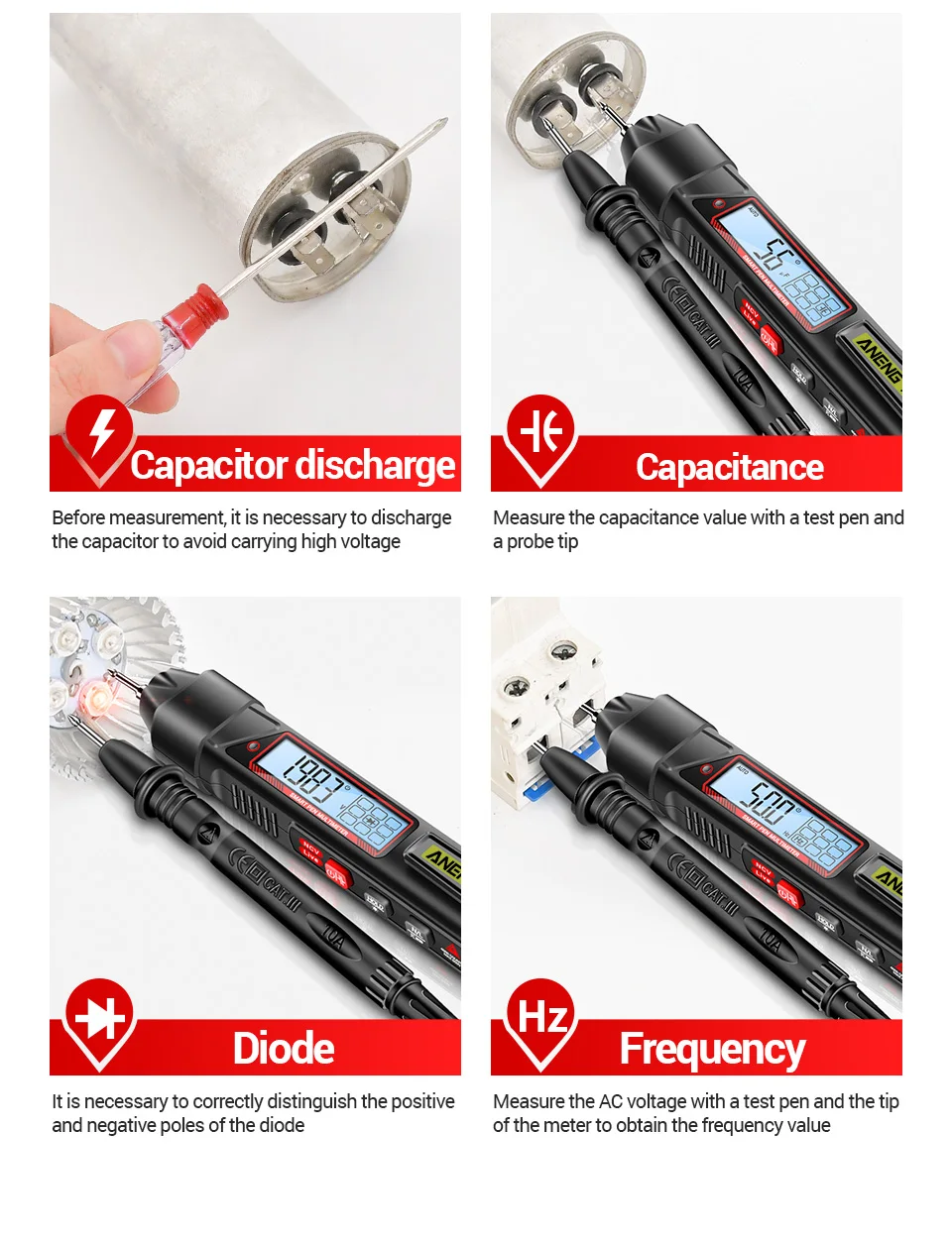 ANENG A3006 Digitales Multimeter Stiftform 4000 Messungen AC DC Spannungsprüfer Widerstands-Kapazitäts-Diodentest Elektrikerwerkzeug – Detail 8
