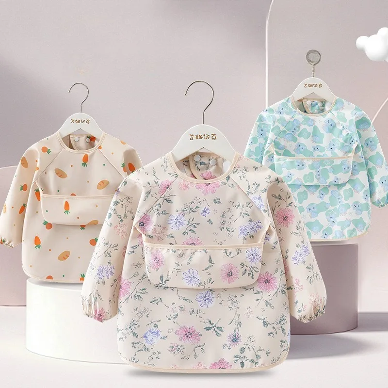 1PC Child Feeding Bib Waterproof Long Sleeve Apron Rice Pocket Feeding Blouse Toddler Bibs Children's Summer Thin Feeding Smock