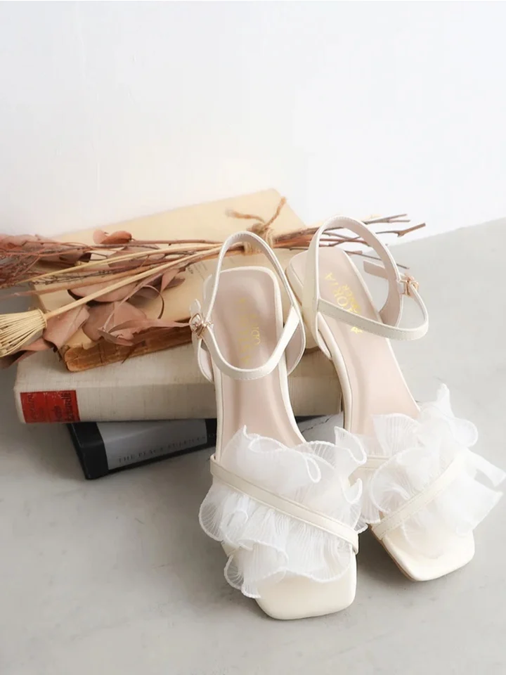 Summer Legs Long Middle Heel Version Fairy Sandals Japanese Sweet Ruffle Edge Gentle Thick Heel with Square Heel Open-toed Girl