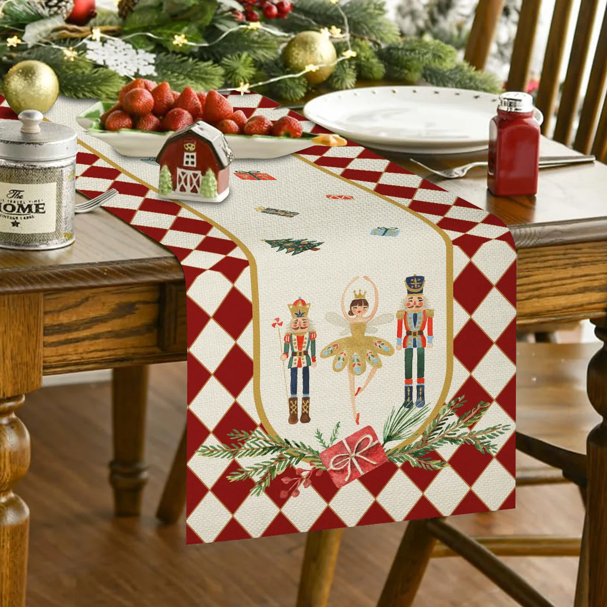 

Family set Christmas holiday placemats, linen table fabric festive decoration, four placemats + one table flag