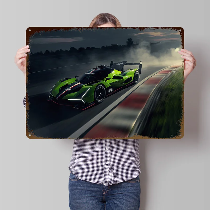Green Race Car on Track Poster Customized Vintage Metal Signs Wall Art Retro Tin Plaque for Home Decoration Gaming Decor Room