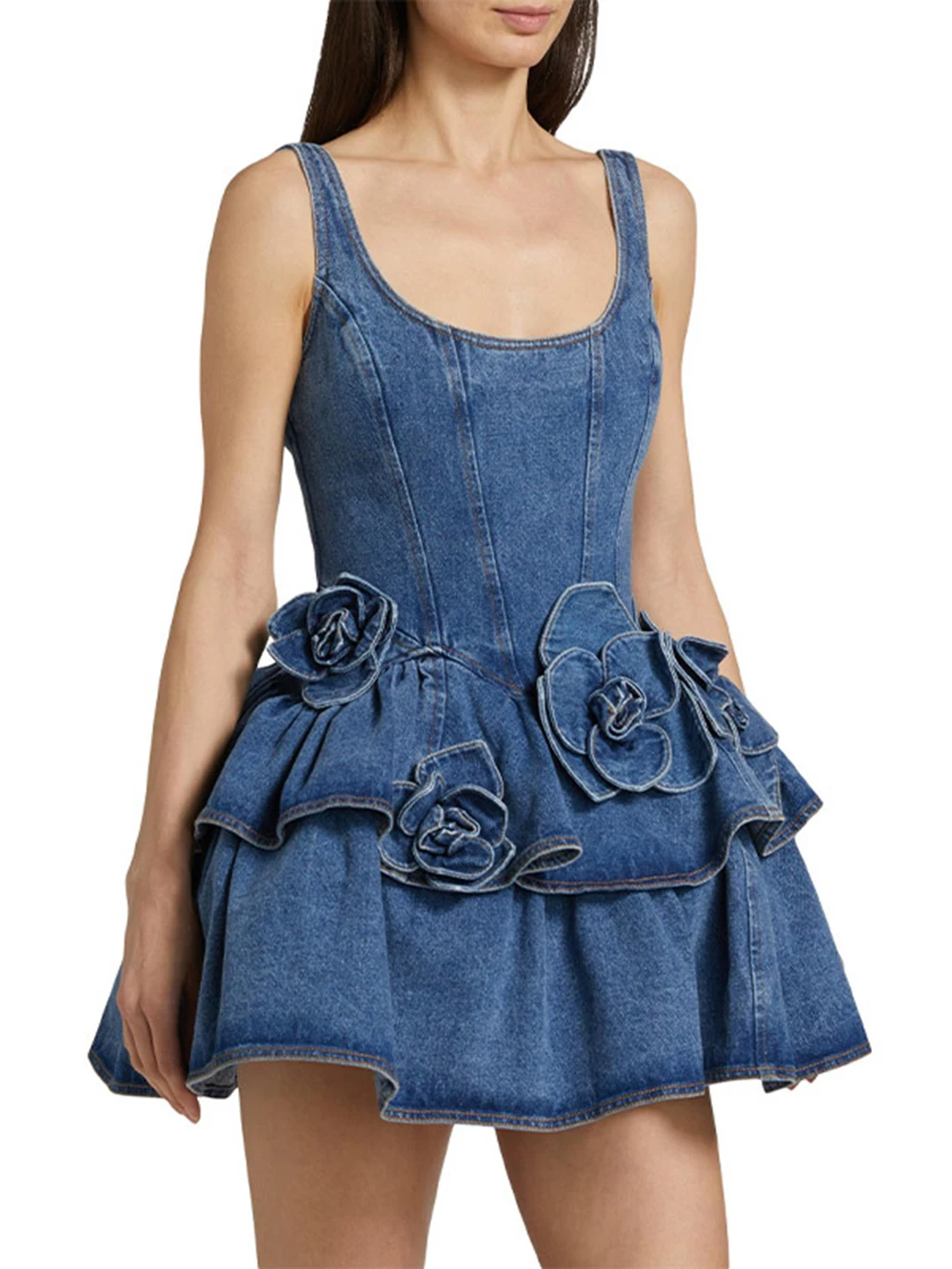 Modphy 3D Flower Double-layer Denim Slip Short Dress Women Fashion Sleeveless High Waist Mini Dresses Chic Lady Party Robe