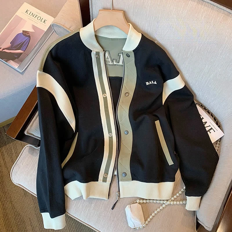 Korean Version Contrast Color Bomber Jacket Women\'s Retro Casual 2023 Spring Autumn New Design Sense Small Crowd Casual Coat