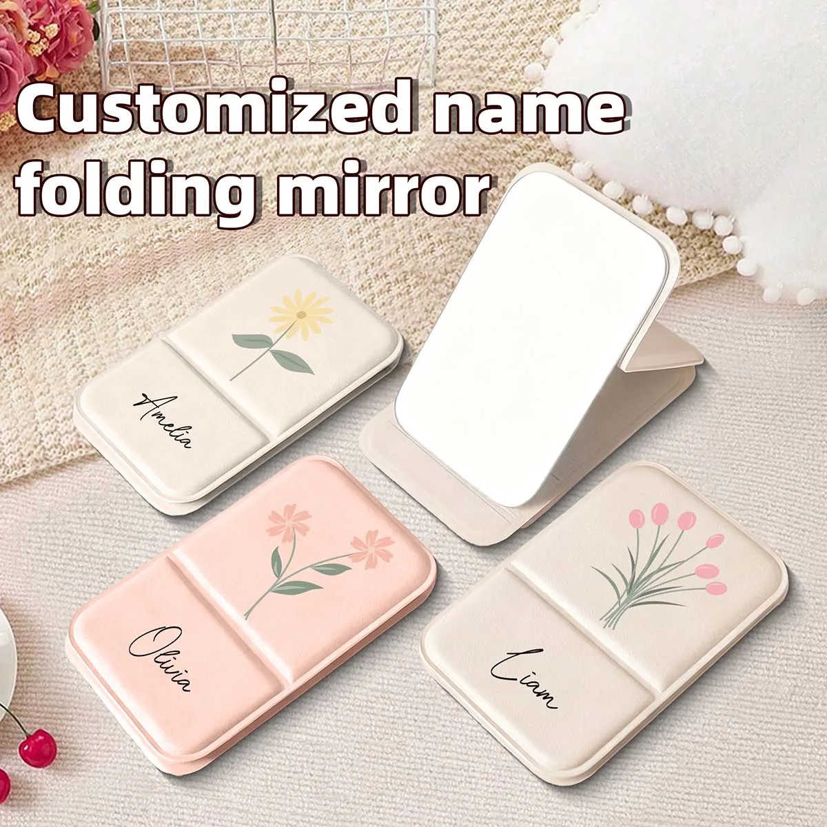 1 custom PU makeup mirror Mini Pocket Portable Gift set PU folding mirror Qixi gift simple high sense flip mirror