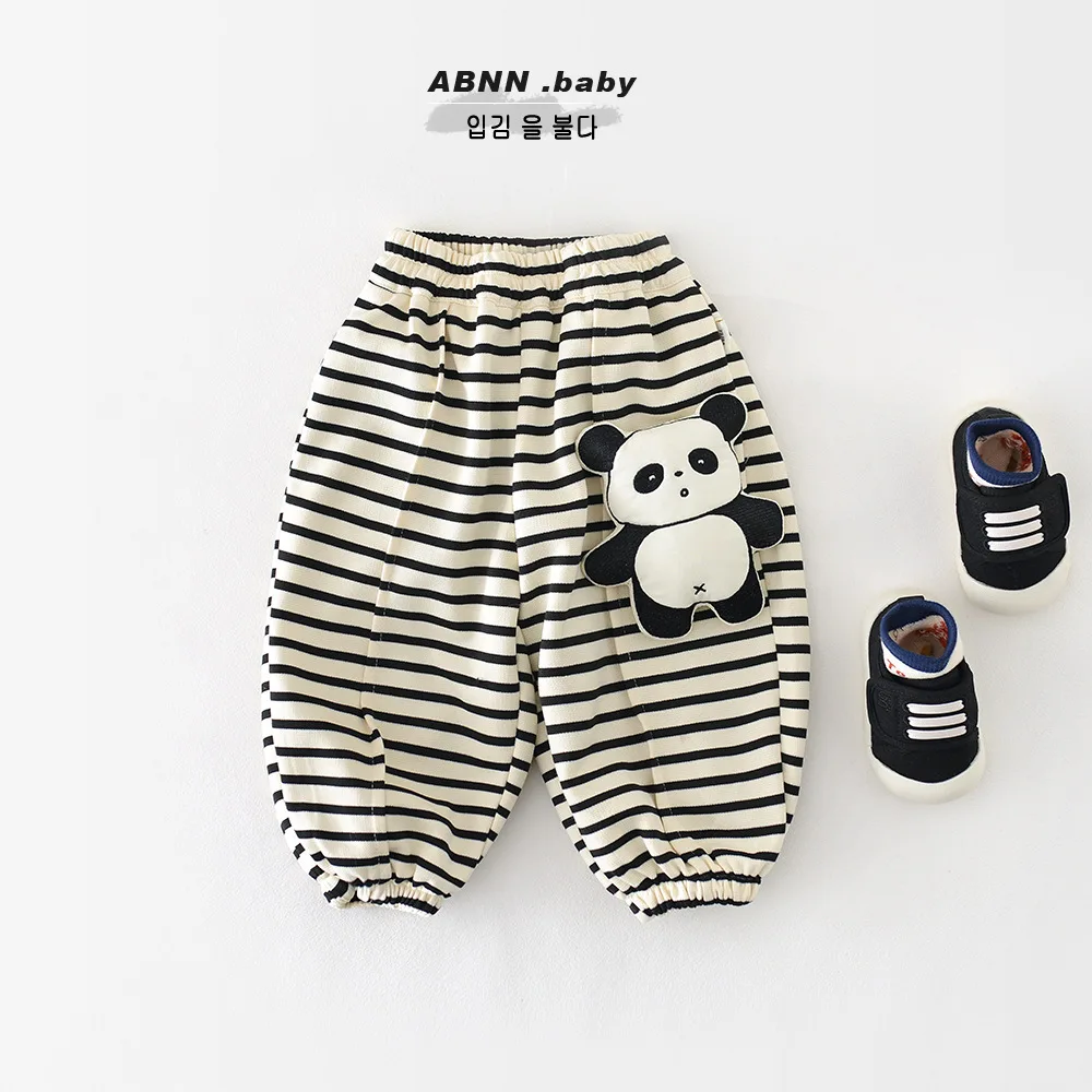 2026 ربيع جديد الطفل سراويل تقليدية القطن الرضع الفتيات الكرتون الباندا Sweatpants طفل الفتيان مخطط بنطلون ملابس الأطفال