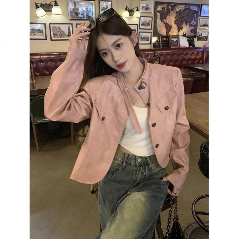 

Woman Leather Jacket Coat Spring New Retro Style Pink Female Niche Short Loose Fitting Locomotive PU Leather Jacket Top Fashion