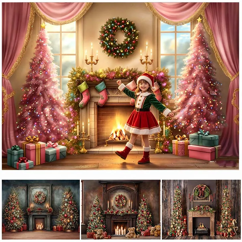 LS Retro Christmas Fireplace Room Photography Backdrop Xmas Tree Wreath Gift Window Background Winter Family Photo Studio