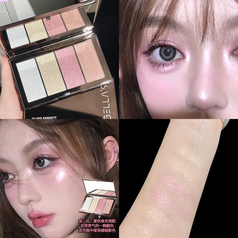 Gellas 4-Color Baked Highlighter Palette Diamond Shimmer Glow,Pore-Blurring Ultra-Fine Powder,Multi-Use Face & Eye Illuminator