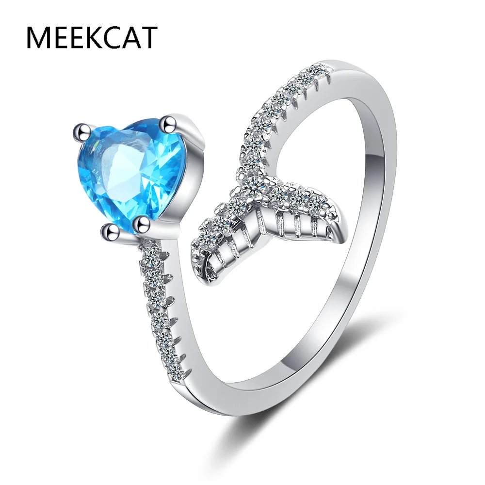 Heart Natural Sky Blue Topaz 925 Sterling Silver Mermaid Fishtail Open Ring Anillos for Women Gemstone Jewelry Wedding Gifts