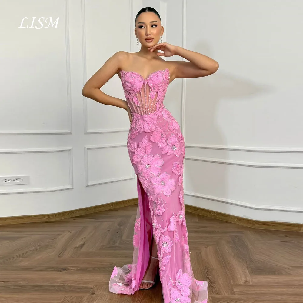 فساتين سهرة بحورية البحر على شكل قلب وردي من LIAM فساتين حفلات طويلة أنيقة من الدانتيل الحريري فساتين حفلات الزفاف فستان المساء